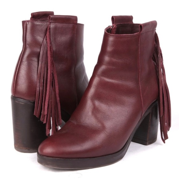 Fabianelli Leather Ankle Bootie Fringe Tassel Boot Italy Burgundy Wine Rubber - Picture 3 of 9